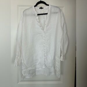 Eileen Fisher White 100% Organic Linen Long Sleeve Button Front Shirt Top
